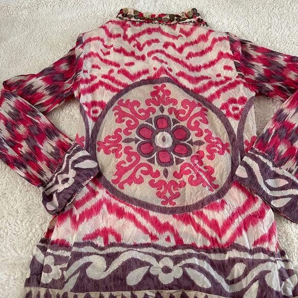 Tory Burch 100% Silk Tunic V-Neck Purple/Pink Ikat Print Sz 2 Indie Art Core Gir - Picture 3 of 9